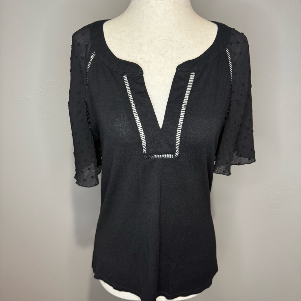 MINE Black Top with Sheer Flutter Sleeves – Size M